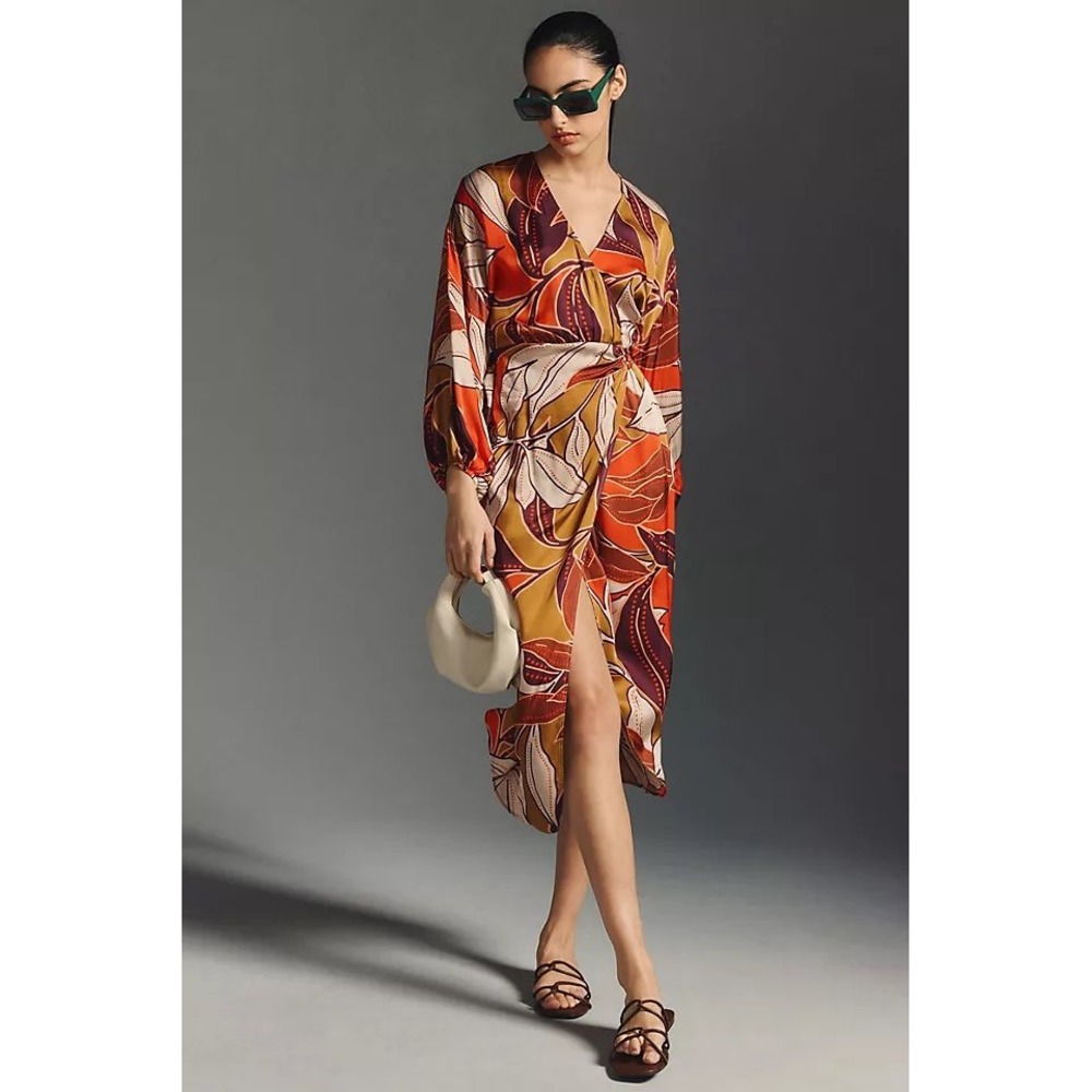 Anthropologie Botanical Print Faux Wrap Midi Dress Orange Burgundy Petite Small